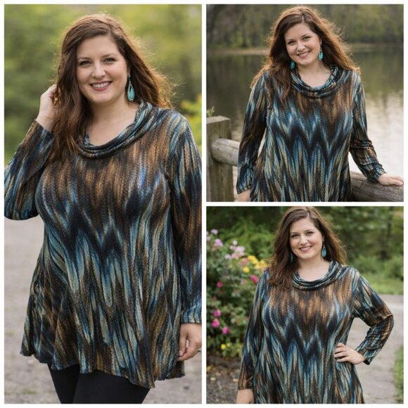 Vine Street Apparel Tops - ✨ Vine Street Made in USA Textured Knit Tunic | Cowl Neck | Blue, Bronze & Black